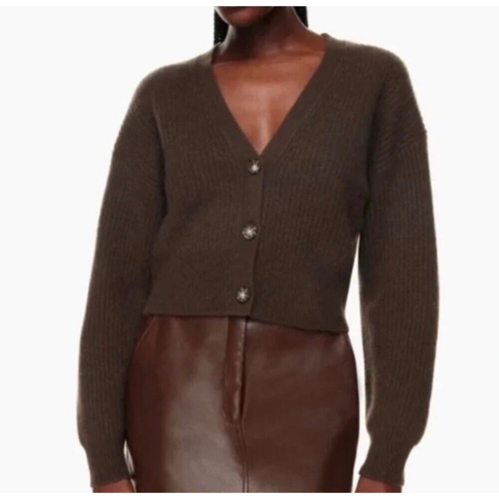 Aritzia Babaton Coffee Bean V Neck Cropped Cardigan Wool Blend Womens Size Small